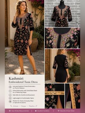 Kashmiri Embroidered Tunic Black Floral Boho Ethnic Artisan Pheran‎ Style